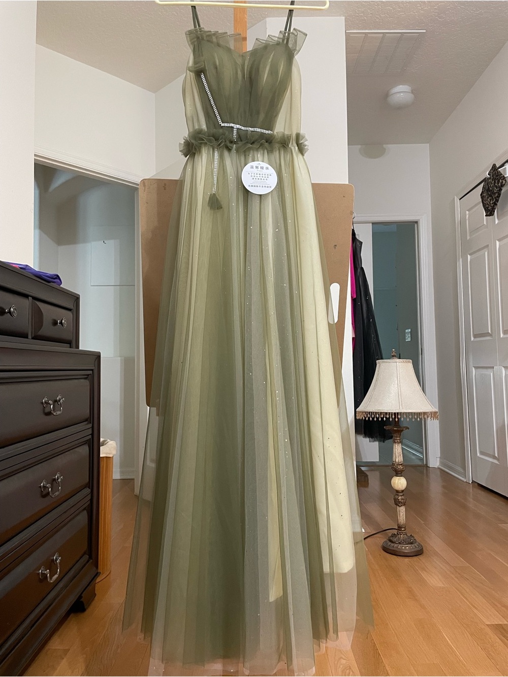Muted Olive Sage Sparkle Tulle Maxi Dress | Formal Gown | NEW | Size S